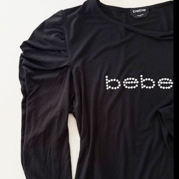 Bebe black jersey 3/4 sleeve top with BeBe rhinestones—Junior SZ Medium - Picture 4 of 5